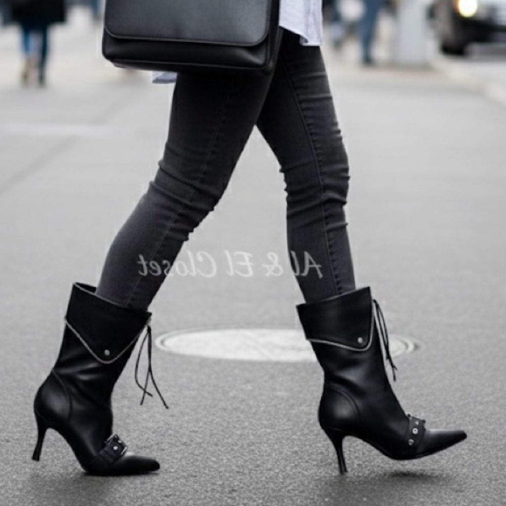 A New Day Black Buckle Pointed-Toe Stiletto Ankle Boots | Vegan | 7 NWB